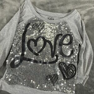 Justice Girls Gray Long Sleeve Love Sequin Heart Sparkle Top Size 10
